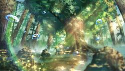 Rule 34 | blurry, blurry foreground, commentary request, creatures (company), dappled sunlight, forest, full body, game freak, gen 4 pokemon, highres, leafeon, light rays, nature, nintendo, no humans, pokemon, pokemon (creature), rock, scenery, shimekake, sky, solo, sunlight, tree, wide shot