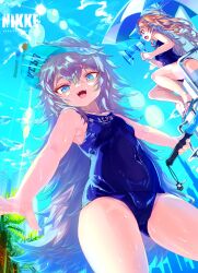 Rule 34 | 2girls, :d, absurdres, alternate costume, armpits, baton, blue eyes, blue one-piece swimsuit, breasts, brown hair, copyright name, day, fang, fangs, flip-flops, from below, goddess of victory: nikke, grey hair, highres, holding, holding megaphone, inugressive, long hair, looking at viewer, megaphone, miranda (nikke), multiple girls, one-piece swimsuit, open mouth, outdoors, poli (nikke), sandals, sidelocks, sitting, skin fang, small breasts, smile, sun, swimsuit, twintails, very long hair, visor cap, wavy hair, wet