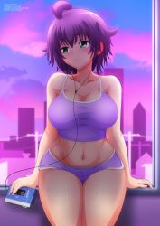 Rule 34 | 1girl, absurdres, arm support, blush, breasts, building, cassette player, cityscape, cleavage, cloud, collarbone, green eyes, headphones, highres, holding, house, large breasts, looking to the side, midriff, navel, pole, power lines, purple hair, purple shirt, purple shorts, purple sky, shirt, short hair, shorts, sitting, sky, skyscraper, sony, tank top, vaporwave, walkman, yukino akaihi, yukino memories, zel-sama