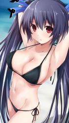 Rule 34 | 1girl, armpits, arms behind head, bare shoulders, beach, bikini, black hair, breasts, cleavage, iwashi dorobou -r-, large breasts, long hair, mega miracle force, navel, nepnep connect: chaos chanpuru, neptune (series), noire (neptunia), ocean, red eyes, ribbon, sand, shin jigen game neptune vii, side-tie bikini bottom, stomach, surprised, swimsuit, thighs, tsundere, twintails, very long hair, vvvtune, water, wet, wet clothes, wet hair, wet swimsuit