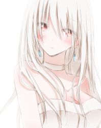 Rule 34 | 1girl, albino, bare shoulders, breasts, choker, cleavage, dress, hiro (hirohiro31), long hair, original, red eyes, simple background, solo, strapless, strapless dress, white hair