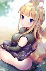 Rule 34 | 1girl, animal ear fluff, animal ears, ass, bad id, bad pixiv id, blonde hair, blue eyes, bracelet, breasts, bridal gauntlets, cellphone, china dress, chinese clothes, closed mouth, commentary request, day, dress, floral print, fox ears, highres, jewelry, large breasts, lips, long hair, looking back, miyano ururu, no panties, original, outdoors, pearl bracelet, phone, pout, purple dress, sitting, smartphone, solo, very long hair