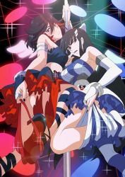 Rule 34 | 10s, 2girls, anime coloring, ass, black hair, blue eyes, blush, clothing pull, color connection, color coordination, cosplay, creator connection, dr. neque, elbow gloves, eyebrows, fingerless gloves, gloves, high heels, hime cut, jewelry, kill la kill, kiryuuin satsuki, laser, lazer light, long hair, looking at viewer, matoi ryuuko, midriff, multicolored hair, multiple girls, nail polish, pale skin, panties, panty &amp; stocking with garterbelt, panty (psg), panty (psg) (cosplay), panty pull, pole, pole dancing, sexually suggestive, short hair, siblings, sideways glance, sisters, spotlight, stocking (psg), stocking (psg) (cosplay), streaked hair, stripper, stripper pole, thick eyebrows, thighhighs, thighhighs pull, thong, two-tone hair, underwear, undressing, yunkru