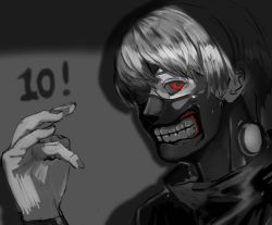 Rule 34 | 1boy, akahara (akaharaillust), commentary request, eyepatch, hand up, highres, kaneki ken, male focus, mask, monochrome, mouth mask, portrait, red eyes, short hair, solo, spot color, teeth print, tokyo ghoul
