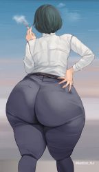 Rule 34 | 1girl, absurdres, artist name, ass, bambooale, black pants, chainsaw man, cigarette, curvy, from behind, green hair, hand on own hip, highres, himeno (chainsaw man), huge ass, long sleeves, pants, plump, shirt, short hair, sky, solo, thick thighs, thighs, tight clothes, tight pants, white shirt, wide hips