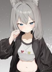 Rule 34 | 1girl, absurdres, animal ears, black jacket, blue archive, blue eyes, crop top, dio nand, grey background, grey hair, halo, highres, jacket, looking at viewer, midriff, navel, shiroko (blue archive), shirt, short hair, solo, upper body, white shirt