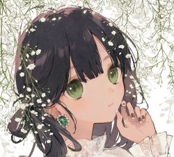Rule 34 | 1girl, black hair, brown nails, close-up, flower, folded hair, frilled sleeves, frills, green eyes, half updo, hand up, horiizumi inko, lace, long hair, long sleeves, looking at viewer, looking to the side, multicolored nails, nail polish, original, plant, solo, upper body, white background, white flower, white nails
