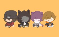 4boys :&lt; ahoge amada_ken animal_ear_fluff animal_ears aragaki_shinjirou basilio_(metaphor:_refantazio) beanie black_coat black_footwear black_hat black_ribbon braid brothers brown_footwear brown_hair buttons cat_tail closed_eyes closed_mouth coat company_connection crossover dark-skinned_male dark_skin deformed double-breasted drawstring fidelio_(metaphor:_refantazio) folded_ear gekkoukan_high_school_uniform grey_footwear hair_between_eyes hat hood hood_down hoodie houndstooth jacket layered_clothes male_focus metaphor:_refantazio multiple_boys neck_ribbon neckerchief orange_hoodie parted_bangs patterned_clothing persona persona_3 purple_hair red_coat ribbon rizu_(rizunm) scar scar_across_eye scar_on_face school_uniform short_hair siblings side-by-side side_braid simple_background single_braid sitting smile tail twitter_username v-shaped_eyebrows white_neckerchief yellow_background