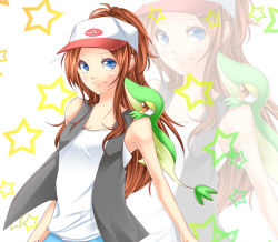 Rule 34 | 10s, 1girl, bare shoulders, baseball cap, blue eyes, brown hair, colorized, creatures (company), game freak, hat, hilda (pokemon), long hair, nintendo, noumin, pokemon, pokemon bw, ponytail, projected inset, smile, solo, zoom layer