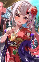Rule 34 | 1girl, absurdres, blue sky, blush, commentary request, day, fumi (fumibeing), gradient hair, hatsumoude, highres, hololive, horns, japanese clothes, kimono, long hair, looking at viewer, multicolored hair, nakiri ayame, nakiri ayame (new year), new year, official alternate costume, omamori, oni, open mouth, outdoors, red eyes, red hair, red kimono, shrine, side ponytail, skin-covered horns, sky, smile, solo, two-tone hair, upper body, virtual youtuber, white hair