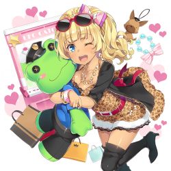 Rule 34 | 1girl, ;d, amelie mcgregor, bag, belt, black footwear, blonde hair, blue eyes, boots, bow, bracelet, breasts, cleavage, crown, dress, drill hair, earrings, eyewear on head, gem, gyaru, hair bow, halterneck, heart, high heel boots, high heels, hug, jacket, jewelry, kogal, lace, lace-trimmed dress, lace trim, makeup, medium breasts, mmu, necklace, hugging object, official art, one eye closed, open clothes, open jacket, open mouth, pearl (gemstone), ring, short dress, smile, solo, stuffed animal, stuffed frog, stuffed toy, sunglasses, thigh boots, thighhighs, transparent background, uchi no hime-sama ga ichiban kawaii, zettai ryouiki