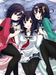 Rule 34 | 10s, 3girls, ahoge, black hair, black legwear, dual persona, girl sandwich, hair ornament, headband, highres, hishimochi, jewelry, kantai collection, long hair, low twintails, multiple girls, multiple persona, nai-bu, naiibu, necklace, open mouth, pantyhose, pleated skirt, purple hair, red eyes, remodel (kantai collection), ryuuhou (kancolle), sandwiched, school uniform, serafuku, skirt, smile, taigei (kancolle), twintails