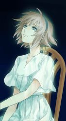 Rule 34 | 10s, 1girl, blue background, blue eyes, canon memphis, chair, collarbone, dress, fading, frown, glowing, looking up, red hair, short hair, shukufuku (plus hue), sitting, solo, soukyuu no fafner, spoilers, tears, white dress