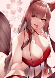 Rule 34 | 1girl, absurdres, akagi (azur lane), ass, azur lane, breasts, brown hair, brown tail, choker, cleavage, commentary request, highres, holding, holding leash, huge breasts, large tail, leash, long hair, looking at viewer, open mouth, red choker, red eyes, samip, slit pupils, solo, tail, teeth, tongue, tongue out, upper teeth only, very long hair