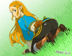 Rule 34 | 1girl, all fours, artist name, ass, belt pouch, black footwear, black gloves, black pants, blonde hair, blouse, blue eyes, blue shirt, braid, crown braid, dated, dutch angle, fingerless gloves, french braid, frog, full body, gloves, grass, hair ornament, hairclip, highres, long hair, looking at viewer, looking back, mozzi, nintendo, on floor, open mouth, pants, pantylines, pointy ears, pouch, princess zelda, shirt, solo, the legend of zelda, the legend of zelda: breath of the wild
