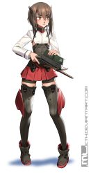 Rule 34 | 1girl, bike shorts, black thighhighs, bow (weapon), brown hair, commentary, crossbow, deviantart username, english commentary, flat chest, full body, hair between eyes, highres, kantai collection, legs apart, long sleeves, looking away, looking to the side, mleth, red skirt, short hair, simple background, skirt, solo, standing, taihou (kancolle), thighhighs, watermark, weapon, web address, white background, yellow eyes