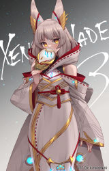 Rule 34 | 1girl, absurdres, animal ears, breasts, chest jewel, cleavage, facial mark, highres, holding, holding mask, kamaniki, mask, unworn mask, nia (blade) (xenoblade), nia (xenoblade), silver hair, solo, xenoblade chronicles (series), xenoblade chronicles 2, xenoblade chronicles 3, yellow eyes