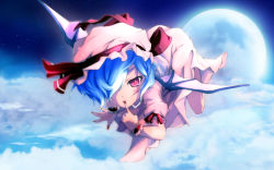 Rule 34 | 1girl, blue hair, female focus, finger to mouth, flying, full moon, hair over one eye, hat, mefix, moon, nail polish, red nails, remilia scarlet, ribbon, short hair, solo, tongue, touhou, wallpaper, wings, wrist cuffs