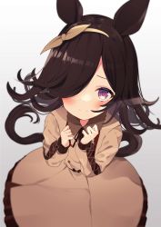 Rule 34 | 1girl, absurdres, agaki anko, animal ears, black hair, black ribbon, blush, brown hairband, brown ribbon, closed mouth, collared dress, commentary request, dress, frilled dress, frills, gradient background, grey background, hair over one eye, hair ribbon, hairband, hands up, highres, horse ears, horse girl, horse tail, long hair, long sleeves, looking at viewer, looking up, neck ribbon, puffy long sleeves, puffy sleeves, purple eyes, ribbon, rice shower (umamusume), sleeves past wrists, smile, solo, tail, umamusume, very long hair, white background