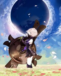 Rule 34 | 1girl, armor, armored boots, black footwear, black gloves, boots, eclipse, elbow gloves, closed eyes, fate/grand order, fate (series), floating hair, flower, from side, gloves, holding, holding flower, holding shield, lens flare, mash kyrielight, petals, razavi, shield, short hair, silver hair, solo, standing, white flower