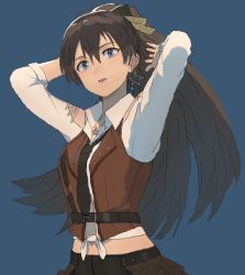 Rule 34 | 1girl, arms behind head, arms up, belt, black necktie, blue background, blue eyes, bracelet, brown hair, brown ribbon, brown vest, buckle, clothing cutout, earrings, expressionless, fang, ganaha hibiki, hair between eyes, hair ribbon, idolmaster, idolmaster (classic), jewelry, laces, long hair, looking at viewer, midriff, mxwbr, navel, necklace, necktie, parted lips, ponytail, ribbon, shirt, shoulder cutout, simple background, solo, star (symbol), star earrings, star necklace, tied shirt, upper body, vest, white shirt