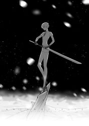 Rule 34 | 1other, antarcticite, artist name, bare legs, black gloves, black necktie, bloodcat (babacatcat), character name, fog, from side, gem uniform (houseki no kuni), gloves, greyscale, high heels, holding, holding sword, holding weapon, houseki no kuni, ice, monochrome, motion blur, necktie, other focus, outdoors, sheath, short hair, shorts, sky, snowing, solo, standing, star (sky), starry sky, stiletto heels, sword, unsheathing, weapon