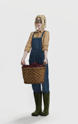 Rule 34 | 1girl, absurdres, atamagaitai, basket, blindfold, blonde hair, blush, boots, commentary, crying, elden ring, english commentary, food, fruit, full body, grapes, highres, holding, holding basket, hyetta (elden ring), medium hair, overalls, plaid, plaid shirt, ponytail, rubber boots, shirt, simple background, solo, streaming tears, tears