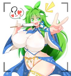 Rule 34 | 1girl, ?, blush, breasts, food, gohei, green hair, heart, highres, huge breasts, ice cream, impossible clothes, impossible shirt, japanese clothes, kochiya sanae, long hair, miko, nontraditional miko, oonusa, open mouth, popsicle, rindou (p41neko), shirt, solo, touhou, v