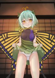 Rule 34 | 1girl, absurdres, antennae, aqua hair, blush, butterfly wings, closed mouth, clothes lift, cowboy shot, dress, dress lift, eternity larva, fairy, green dress, hair between eyes, highres, insect wings, jemen, leaf, leaf on head, lifted by self, multicolored clothes, multicolored dress, panties, short hair, short sleeves, smile, solo, tongue, tongue out, touhou, underwear, white panties, wings, yellow eyes
