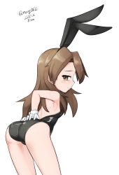 Rule 34 | 1girl, absurdres, animal ears, arashio (kancolle), bare legs, black leotard, breasts, brown eyes, brown hair, cowboy shot, dated, from behind, gloves, highres, kantai collection, leotard, long hair, looking at viewer, looking back, maru (marg0613), playboy bunny, rabbit ears, simple background, small breasts, solo, strap slip, twitter username, white background, white gloves