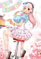 Rule 34 | 1girl, ass, birthday, birthday cake, blush, breasts, cake, cake slice, cup, food, fork, from behind, happy birthday, headphones, highres, large breasts, long hair, looking at viewer, looking back, macaron, nitroplus, open mouth, pink eyes, pink hair, sandals, sideways glance, solo, star (symbol), star print, super sonico, teacup, thighhighs, very long hair, virus-g