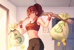 Rule 34 | 1girl, absurdres, anna (fire emblem), cainlawiet, coin, commission, crop top, dumbbell, exercising, fire emblem, gold coin, highres, locker, locker room, looking at viewer, money bag, nintendo, pants, ponytail, red hair, red tank top, short hair, smile, tank top, weightlifting, yoga pants
