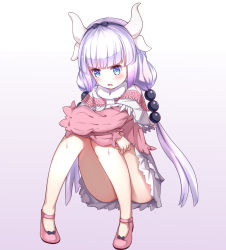 Rule 34 | 1girl, black hairband, blue eyes, blunt bangs, blush, book, capelet, crossed arms, full body, gradient background, grey background, hair ornament, hairband, highres, horns, kanna kamui, kobayashi-san chi no maidragon, kuma (1547761808), long hair, mary janes, miniskirt, open book, pink footwear, pink shirt, shirt, shoes, silver hair, sitting, skirt, solo, twintails, very long hair, white capelet, white skirt