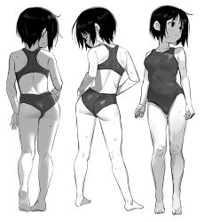 Rule 34 | 1girl, ass, backless swimsuit, barbarian tk, blush, breasts, cameltoe, character request, closed eyes, copyright request, female focus, full body, greyscale, highres, monochrome, one-piece swimsuit, petite, short hair, simple background, solo, standing, swimsuit, tight butt, wet, wet hair