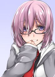 Rule 34 | 1girl, absurdres, baron suzuki, black-framed eyewear, blush, eyebrows, fate/grand order, fate (series), glasses, hair over one eye, hand to own mouth, highres, hood, hooded jacket, jacket, long sleeves, looking at viewer, mash kyrielight, necktie, purple eyes, purple hair, red necktie, short hair, simple background, sleeves past wrists, smile, solo, upper body