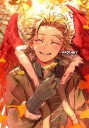 Rule 34 | 1boy, ^ ^, artist name, blonde hair, blush, boku no hero academia, closed eyes, facing viewer, feathered wings, fur-trimmed jacket, fur trim, gloves, happy, hawks (boku no hero academia), jacket, kadeart, long sleeves, male focus, open mouth, red wings, short hair, smile, solo, upper body, wings
