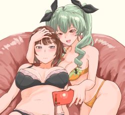Rule 34 | 2girls, anchovy (girls und panzer), bad id, bad twitter id, bean bag chair, blush, bra, breasts, brown eyes, brown hair, cellphone, cleavage, drill hair, girls und panzer, green hair, hair ribbon, highres, long hair, medium breasts, miki (tosaibom), multiple girls, navel, nishizumi maho, open mouth, panties, phone, ribbon, selfie, short hair, smartphone, smile, sweat, twin drills, twintails, underwear, underwear only