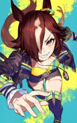 Rule 34 | 1girl, animal ears, belt, black shorts, blue background, breasts, brown eyes, brown hair, character request, ear ornament, fold-over boots, grin, hair over one eye, highres, horse ears, jacket, long hair, long sleeves, looking at viewer, medium breasts, mika pikazo, multicolored hair, one eye covered, open clothes, open jacket, ponytail, purple footwear, purple jacket, purple thighhighs, short shorts, shorts, smile, solo, streaked hair, thighhighs, two-tone background, umamusume, yellow background