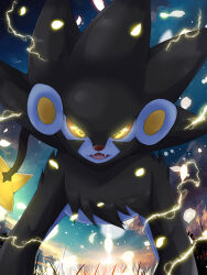 Rule 34 | cloud, colored sclera, commentary request, creatures (company), electricity, fangs, game freak, gen 4 pokemon, glowing, glowing eyes, highres, looking at viewer, luxray, nintendo, no humans, open mouth, orange sclera, outdoors, pokemon, pokemon (creature), seiya (snxmari), sky, solo, standing, yellow eyes, yellow pupils