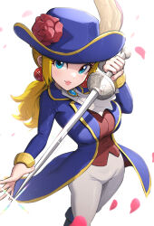 Rule 34 | 1girl, absurdres, ascot, blonde hair, blue eyes, blue hat, blue jacket, closed mouth, earrings, fingernails, flower, gonzarez, grey pants, hat, hat feather, hat flower, highres, holding, holding sword, holding weapon, jacket, jewelry, lips, long hair, long sleeves, looking at viewer, mario (series), nintendo, open clothes, open jacket, pants, petals, pink lips, ponytail, princess peach, princess peach: showtime!, rapier, red flower, red rose, red vest, rose, simple background, smile, solo, sphere earrings, sword, swordfighter peach, vest, weapon, white ascot, white background, white pants