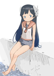 Rule 34 | 1girl, absurdres, black hair, blue eyes, commentary request, full body, fyuo, grey one-piece swimsuit, headgear, highres, i-400 (kancolle), kantai collection, long hair, looking at viewer, one-hour drawing challenge, one-piece swimsuit, orange sailor collar, sailor collar, school swimsuit, shirt, side-tie shirt, simple background, sitting, sleeveless, sleeveless shirt, solo, swimsuit, swimsuit under clothes, white background