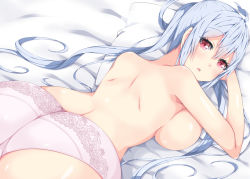 Rule 34 | 1girl, ahoge, ass, bed, blush, breast press, breasts, collarbone, cowboy shot, hair between eyes, hair rings, holding, indoors, large breasts, long hair, looking at viewer, looking back, matoi (pso2), milkpanda, no bra, nose blush, on bed, open mouth, panties, phantasy star, phantasy star online 2, red eyes, shiny skin, sidelocks, silver hair, solo, twintails, underwear, very long hair