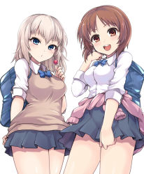 Rule 34 | 2girls, alternate costume, arm behind back, bag, black skirt, blue bow, blue eyes, blue neckwear, blush, bow, bowtie, brown eyes, brown hair, brown sweater, candy, carrying, clothes around waist, commentary, cowboy shot, dress shirt, food, girls und panzer, hand in own hair, highres, holding, holding candy, holding food, holding lollipop, itsumi erika, kasai shin, light blush, lollipop, long sleeves, looking at viewer, medium hair, miniskirt, multiple girls, nishizumi miho, open mouth, parted lips, pink sweater, pleated skirt, school bag, shirt, short hair, silver hair, simple background, skirt, sleeves rolled up, smile, standing, sweater, sweater around waist, sweater vest, white background, white shirt, wing collar