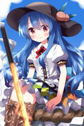 Rule 34 | 1girl, black hat, blue hair, blue skirt, blue sky, blush, boots, brown footwear, buttons, center frills, closed mouth, cloud, collared shirt, commentary, cross-laced footwear, day, feet out of frame, food, frilled skirt, frills, fruit, fruit hat ornament, hair between eyes, hat, highres, hinanawi tenshi, keystone, leaf, long hair, looking at viewer, neck ribbon, peach, peach hat ornament, puffy short sleeves, puffy sleeves, red eyes, red ribbon, ribbon, rope, ruu (tksymkw), shimenawa, shirt, short sleeves, sidelocks, sitting, skirt, sky, smile, solo, sword, sword of hisou, touhou, weapon, white shirt