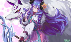 Rule 34 | 1girl, absurdres, ahoge, alternate hair color, alternate hairstyle, animal ears, blue hair, body fur, bow (weapon), braid, brown gloves, closed mouth, cowboy shot, curled horns, fingerless gloves, flower, fur (clothing), gloves, grin, hair between eyes, hair flower, hair ornament, highres, holding, holding weapon, horns, japanese clothes, kindred (league of legends), lamb (league of legends), league of legends, long hair, looking at viewer, official alternate costume, official alternate hairstyle, partially fingerless gloves, pink eyes, purple hair, ribbon, rirua (kjom802), side braid, smile, spirit blossom kindred, twin braids, twintails, weapon, white fur, wolf (league of legends)