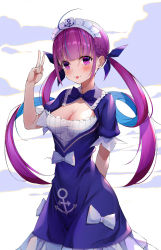 Rule 34 | 1girl, :3, absurdres, ahoge, anchor symbol, arm behind back, bad id, bad pixiv id, blue background, blue dress, blue hair, blush, bow, braid, breasts, cleavage, colored inner hair, commentary request, cqingwei, dress, dress bow, hair ribbon, highres, hololive, long hair, looking at viewer, maid headdress, medium breasts, minato aqua, minato aqua (1st costume), multicolored hair, puffy short sleeves, puffy sleeves, purple eyes, purple hair, ribbon, short sleeves, smile, solo, twintails, two-tone hair, v, virtual youtuber, white background, white bow
