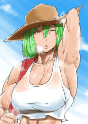 Rule 34 | 1girl, abs, arm up, armpits, blue sky, breasts, cleavage, cloud, day, green hair, hat, heavy breathing, highres, hot, kazami yuuka, large breasts, muscular, muscular female, one eye closed, plaid, plaid vest, puckered lips, red eyes, see-through, short hair, sky, solo, sorahachi midoro, sun hat, sweat, tank top, toned, touhou, vest, wet, wet clothes