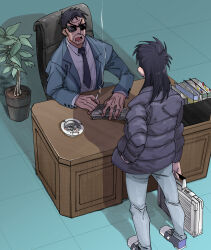 Rule 34 | 2boys, ashtray, black hair, black jacket, black necktie, blue footwear, briefcase, buttoned cuffs, buttons, chair, cigarette, collared shirt, commentary request, desk, endou yuuji, formal, full body, grey jacket, grey pants, hand in pocket, highres, holding, holding briefcase, inudori, itou kaiji, jacket, kaiji, long hair, long sleeves, looking at another, male focus, multiple boys, necktie, newspaper, office chair, open mouth, pants, plant, potted plant, shirt, shoes, short bangs, short hair, sitting, sneakers, standing, suit, sunglasses, swivel chair, table, tile floor, tiles, v-shaped eyebrows, white shirt