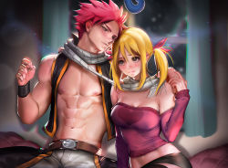 Rule 34 | 1boy, 1girl, abs, blonde hair, fairy tail, happy (fairy tail), lucy heartfilia, midriff, natsu dragneel, navel, pink hair, sakimichan, scarf, shared clothes, shared scarf, sitting, spiked hair, stomach, vest, window