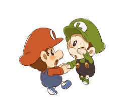 2boys baby_luigi baby_mario blue_eyes blue_footwear blue_overalls brown_hair green_footwear green_shirt hat highres luigi male_focus mario mario_(series) mimimi_(mimimim9999) multiple_boys nintendo overalls shirt shoes short_hair